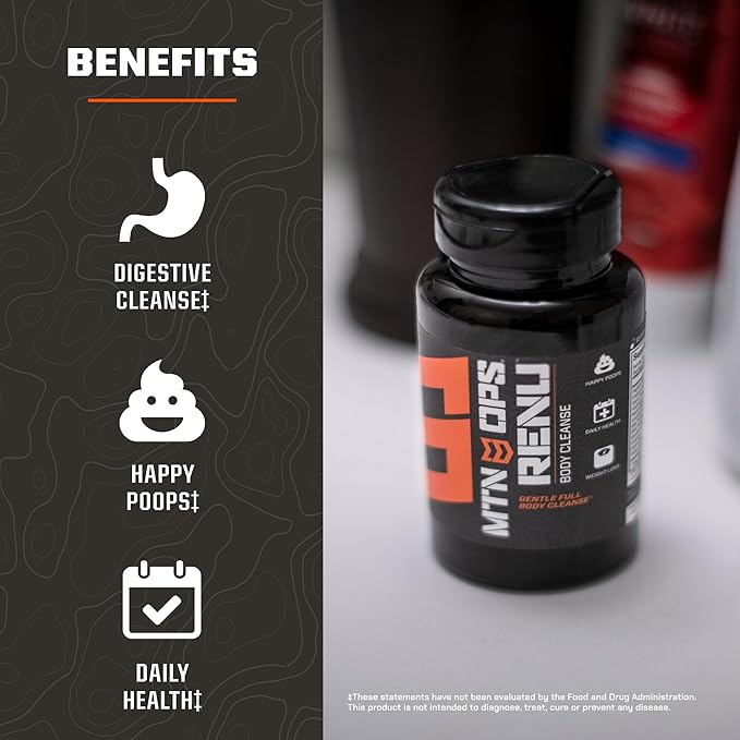 MTN OPS Renu for Gentle Digestive Cleanse, Psyllium Husk Powder for Digestive Health & Metabolism Booster, 60 Capsules, 30 Servings