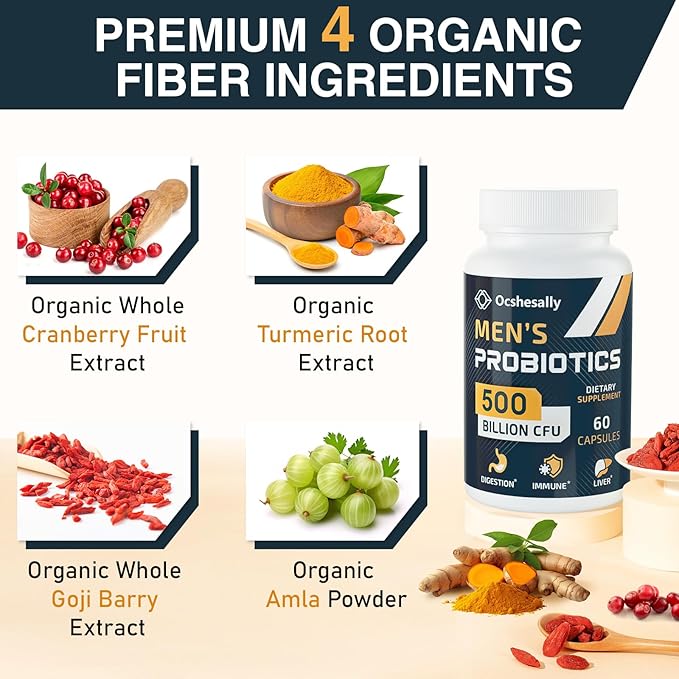 Probiotics for Men, 500 Billion CFUs & 12 Strains Mens probiotic, with Turmeric, Cranberry, Goji - Probiotics for Digestive Health, Gut, Immune & Bloating, Prostate & Urinary Tract Health, 60 Capsules