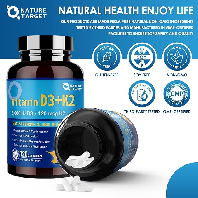 NATURE TARGET Vitamin D3 K2 with Calcium & Magnesium– Max Strength for Bone, Heart & Immune Support – 5000 IU Vitamin D3, 120 mcg K2, Non-GMO, Gluten-Free, 120 Count