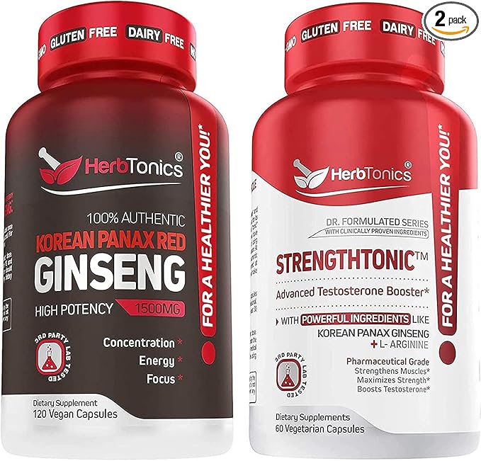 Herbtonics Korean Panax Red Ginseng and Strengthtonic Testosterone Booster for Men Bundle