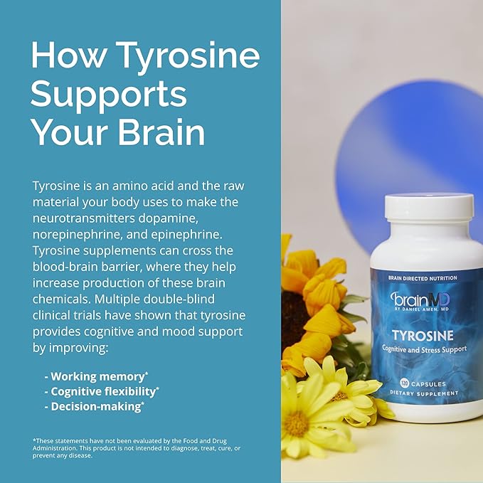 Dr Amen BrainMD Tyrosine - 120 Capsules - Promotes Mental Focus, Clarity & Alertness - Gluten Free - 60 Servings