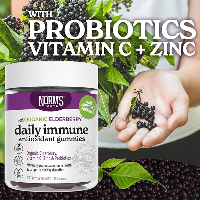 Norm's Farms Daily Immune Elderberry Gummies - Vitamin C, Zinc & Probiotics - Vegan, Gluten Free, Kosher, Non-GMO - 60 Gummies