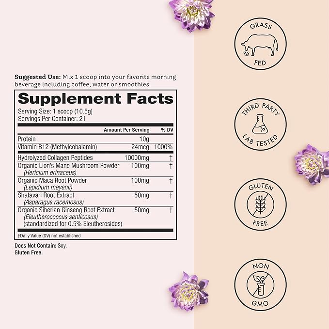 Winged Wellness Glow Up AM, Collagen Powder for Women - Morning Beauty Supplement for Glowing Skin with Grass-Fed Hydrolyzed Collagen Peptides, Lion's Mane & Maca Root - 21 Servings, Unflavored