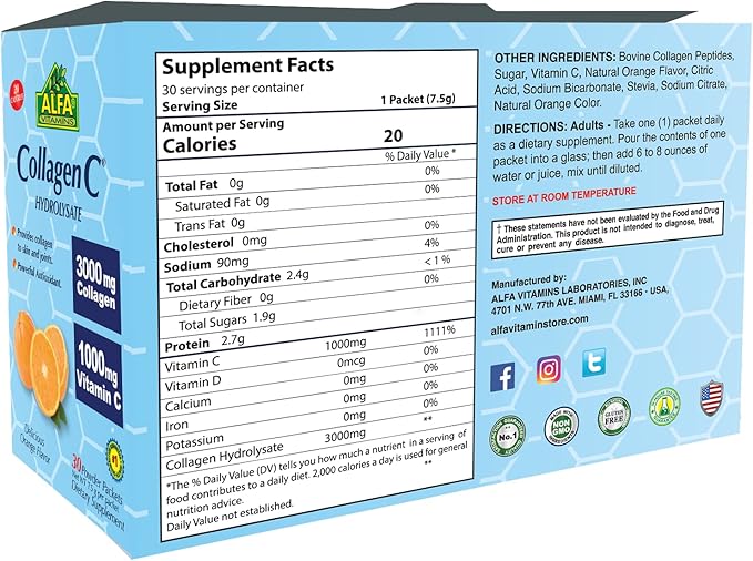 CollagenC® Collagen Peptides Hydrolysate Powder Supplement - Premium Quality Source of Antioxidants - for Immune Support, Skin, Hair, Nails & Joints support 30 sachets Pack