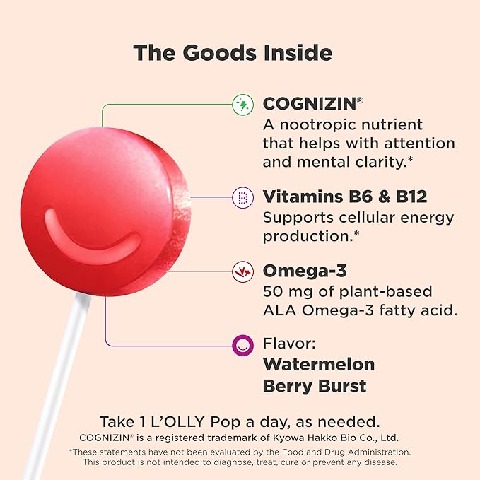 OLLY Focus Buddies L’OLLY Pops, Omega-3 ALA, B6, B12, Cognizin®, Kids Supplement Lollipops to Supports Focused Attention & Healthy Brain Function, Vegetarian, Watermelon Strawberry, 25 Count