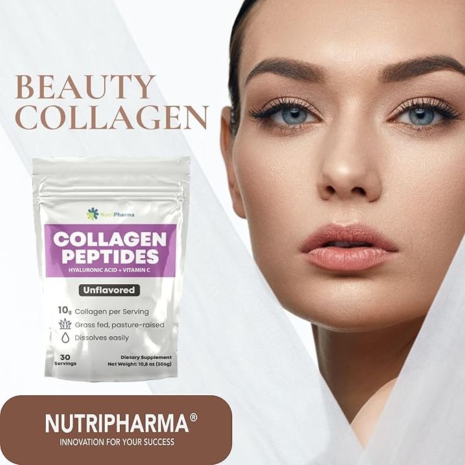 Collagen Peptides Powder with Hyaluronic Acid and Vitamin C, Promotes Hair, Nail, Skin, Bone and Joint Health, Unflavored Collagen Protein Powder, 30 Servings, 10,8 oz