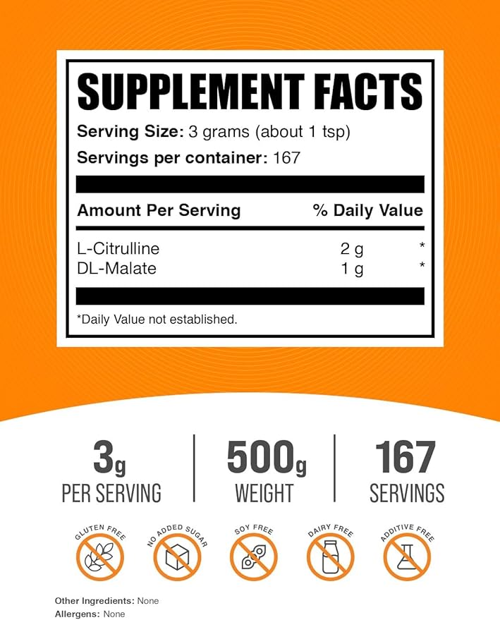 BulkSupplements.com L-Citrulline Malate 2:1 Powder - Nitric Oxide Boost, Citrulline Malate Supplement - Unflavored & Gluten Free - 3g per Servings, 500g (1.1 lbs) (Pack of 1)