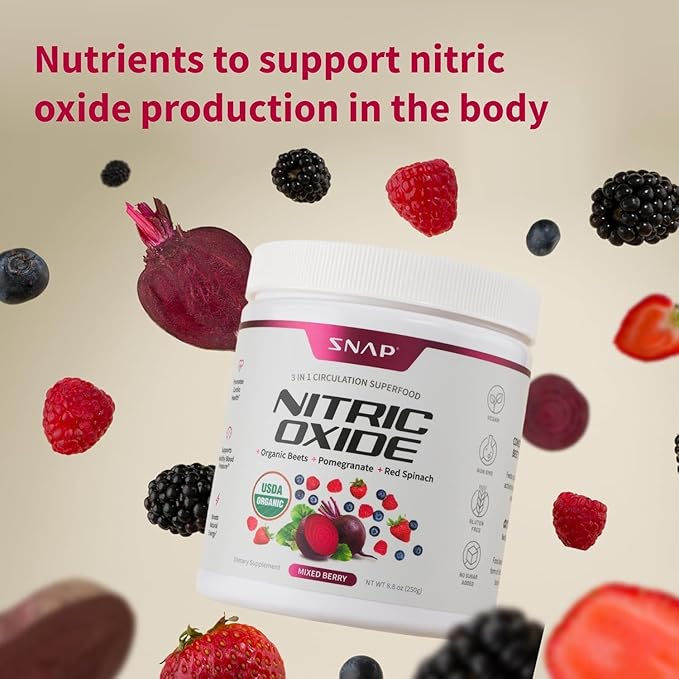Snap Supplements USDA Organic Beet Root Powder, 3-in-1 Nitric Oxide Supplement, Support Healthy Blood Pressure and Blood Circulation, 250g (30 Servings (Pack of 1), Mixed Berry)