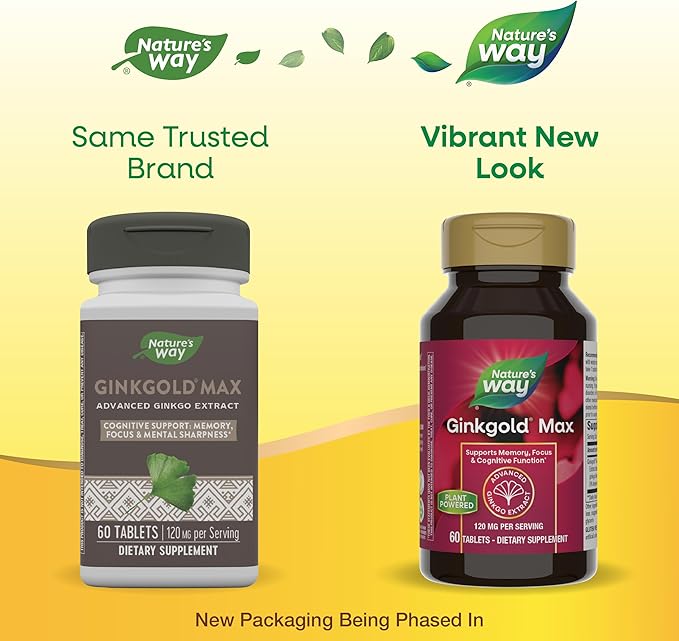 Nature's Way Ginkgold Max Advanced Ginkgo Extract, Supports Memory, Focus, and Concentration, and Cognitive Function*, Gluten free, Vegan, 60 Vegan Tablets (Packaging May Vary)