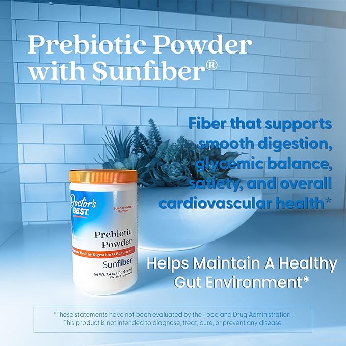 Doctor's Best Prebiotic Fiber Powder with Sunfiber, Supports Healthy Digestion & Regularity, Non-GMO, Gluten Free, Soy Free, Vegan, Unflavored, Non-Gritty, Easy Dissolve Net Wt. 7.4 oz (210 Grams)