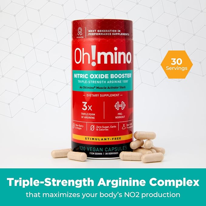Oh!mino L-Arginine Nitric Oxide Supplement - Blood Flow Supplement, Nitric Oxide Booster w/Beetroot Powder for Energy, Focus, Endurance, Muscle Building - Pre & Post Workout (120-Count, 30 Servings)
