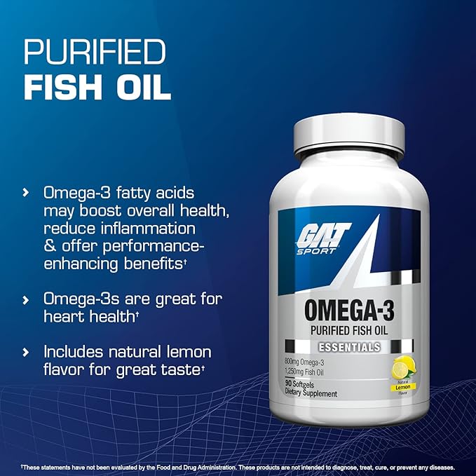 GAT SPORT Omega-3 Fish Oil, High Potency EPA, DHA, Brain, GLP1 Support, 90 Softgels