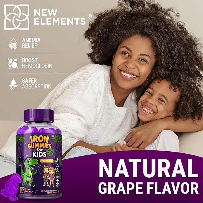 New Elements Iron Dinosaur Gummies for Kids with Vitamin C | Sugar-Free, Vegan, Gluten-Free & Non-GMO | Anemia Relief, Energy & Blood Health Support | Grape Flavor, Pectin-Based for Optimal Health