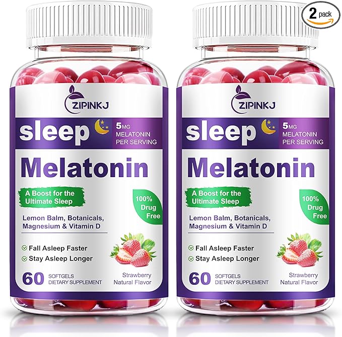 Sleep Support Supplement Softgels, Sleep Aids for Adults, Sleep Supplement with Melatonin 5mg, Vitamin D2, Magnesium, and Lemon Balm, Strawberry Extract, Gluten-Free, Vegan & Non-GMO, 120 Count