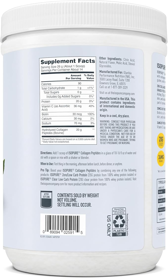 Isopure Collagen Peptides Powder, Promotes Hair, Nail, Skin and Joint Health, with Vitamin C and Biotin, Lemonade, 20g Collagen Peptides Per Serving, 11.36 Oz, 14 Servings (Packaging May Vary)