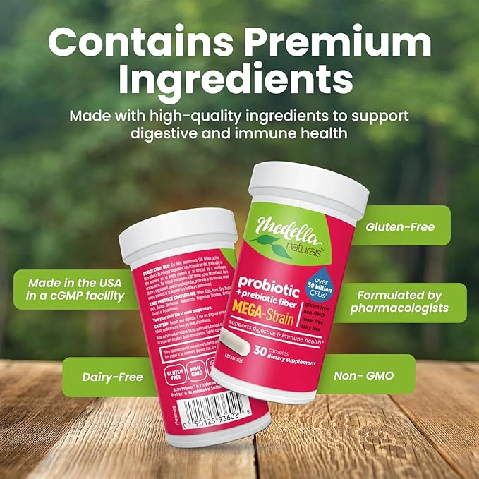 Mega-Strain 50 Billion CFU Probiotics + Prebiotics 30 Caps Probiotics for Women & Men - Maintain Good Flora Probiotic & Digestive Health - No Refrigeration Required Probiotics Lactobacillus Rhamnosus