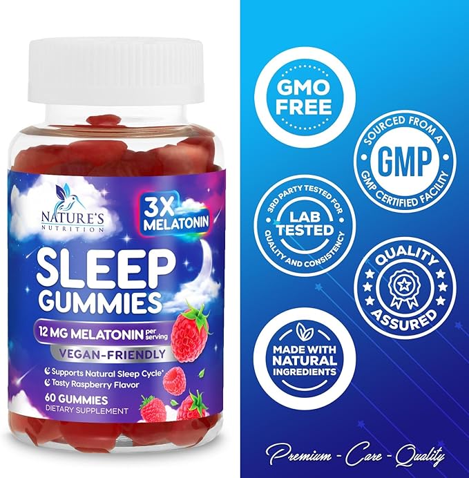 Sleep Gummies with Melatonin - Extra Strength Sleep Gummy, 12 mg Melatonin, Natural Melatonin Gummy, Occasional Sleep Support Supplement for Adults, Vegan, Non-GMO, Gomitas para Dormir - 60 Gummies