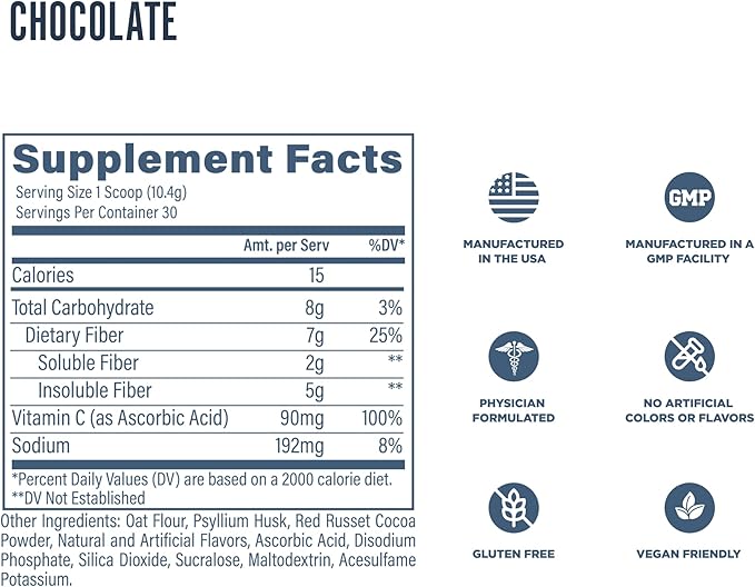 Revive MD Fiber Supplement for Digestive & Gut Health - 5g of Dietary Fiber Supports a Healthy Digestive System with Psyllium Husk & More - 30 Servings, Chocolate