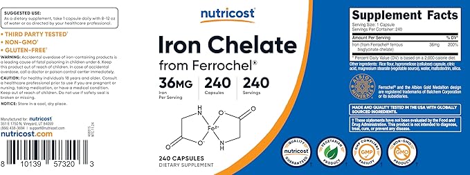 Nutricost Chelated Iron, As Ferrochel, 36mg, 240 Capsules