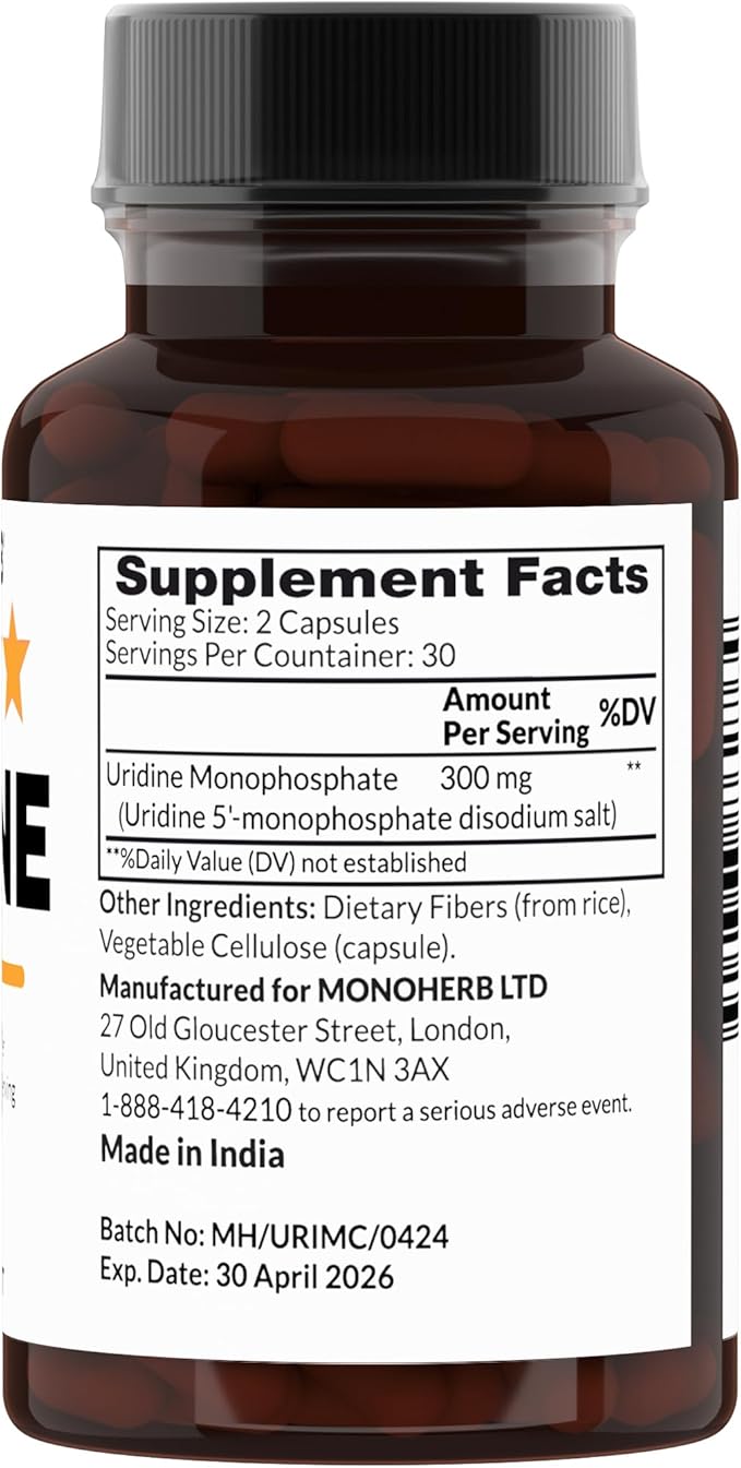 Uridine Monophosphate 300 mg - 60 Veg Capsules | 150 mg per Capsule - Serving Size 2 Capsules: 300 mg - 30 Servings