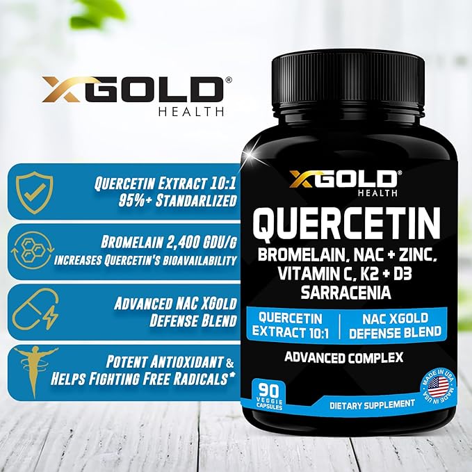 X Gold Health Quercetin Complex | XGold Defense Blend: Immune Support with 10:1 Quercetin Extract, Bromelain, NAC, Zinc, Vitamin C, K2 + D3, Elderberry, Turmeric, Ginger, and More