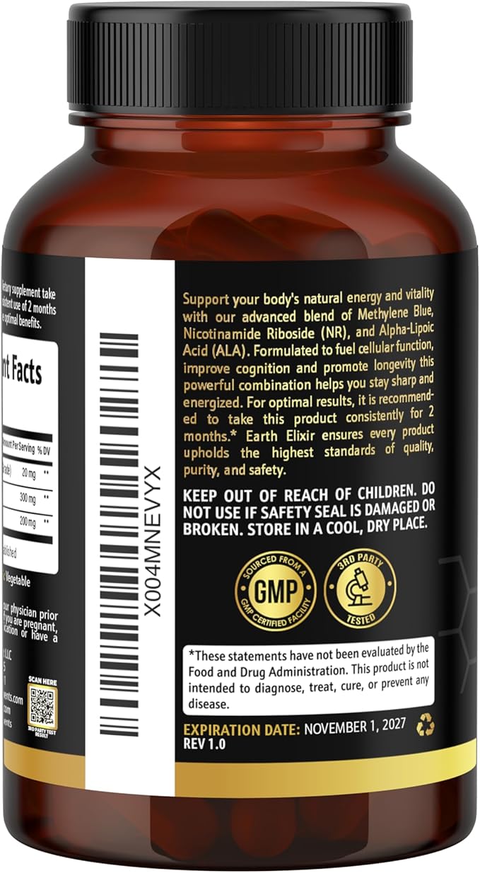 3-in-1 Methylene Blue Capsules – Methylene Blue Pharmaceutical Grade w/Alpha Lipoic Acid (ALA) & Nicotinamide Riboside – NAD Supplement for Energy, Cognitive & Cellular Support – 3 Month Supply