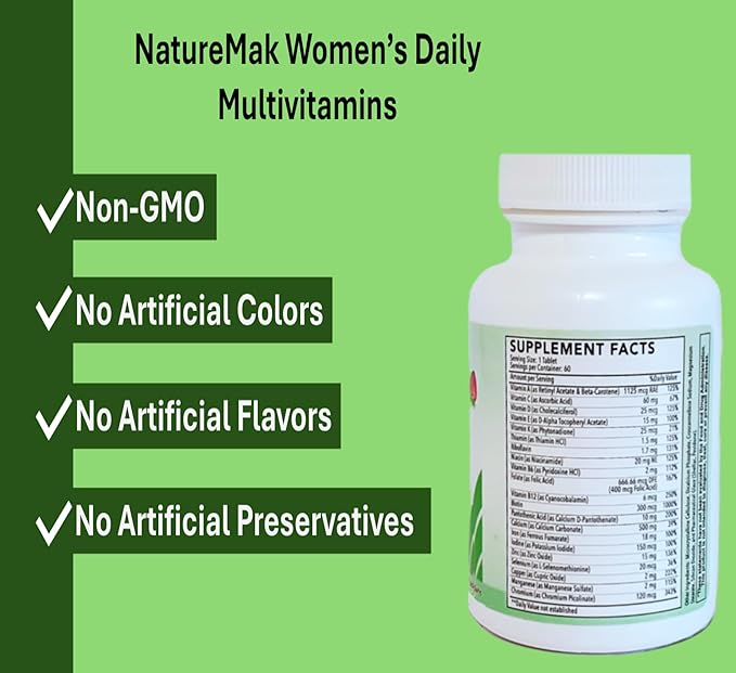 Multivitamins Tablet for Women, Once Daily Multivitamin for Adult, Multimineral Supplement with Iron, Vitamins A, D, E, C, and B-Complex, Supports Immunity, Bone, and Hair, 60 Count