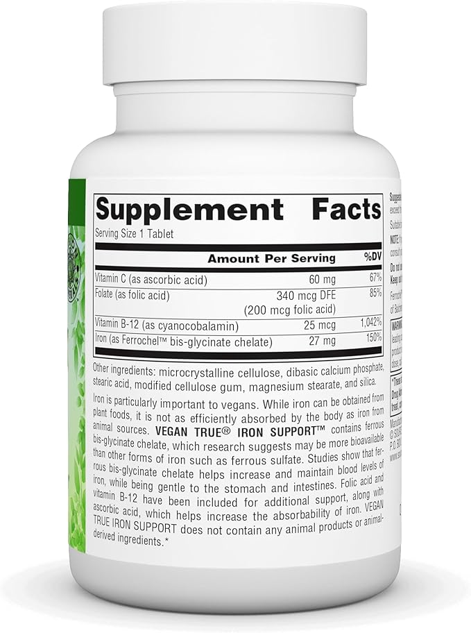 Source Naturals Vegan True Iron Support, Gentle on The Stomach and Chelated for Increased Absorbtion* - 180 Tablets