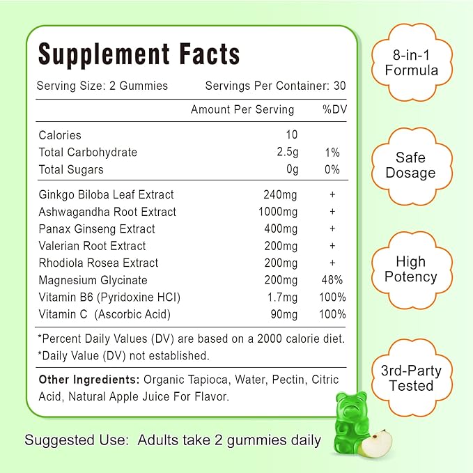 Ginkgo Biloba Gummies with Ginseng and Magnesium, Ginko Biloba Supplements Gummies for Brain Focus, Mood and Memory for Adults, 120 Cts