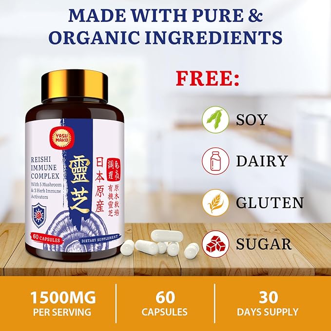 Japanese Reishi Mushroom Complex Supplement 1500mg - Reishi,Chaga,Cordyceps,Lion's Mane,Maitake,Agaricus Mushrooms Extract & 3 Herb,Organic Mushroom Capsules for Immune,Brain,Energy (Pack of 1)