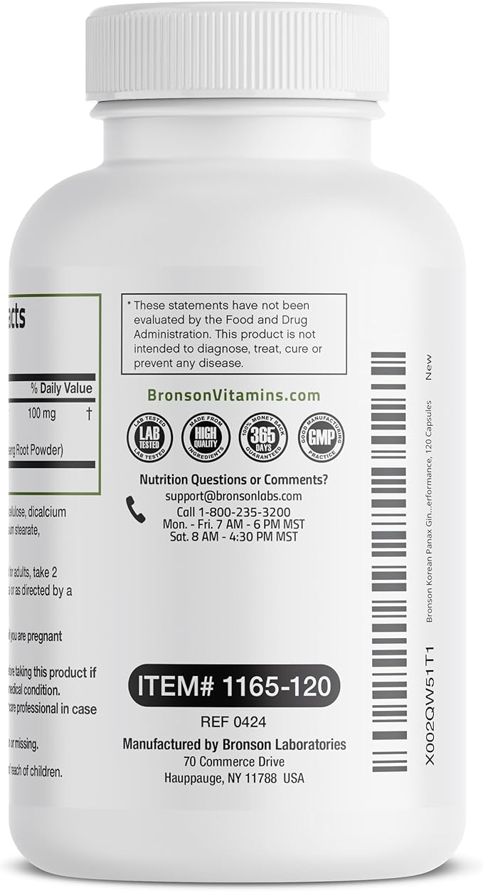 Bronson Korean Panax Ginseng Supports Energy, Endurance & Vitality + Memory and Mental Performance, 120 Capsules