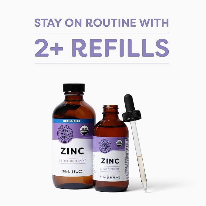 Vimergy Organic Zinc Supplements For Women & Men (7.5mg Liquid Zinc Per Serving) Fast-Absorbing Immune Support, Promotes Healthy Bones & Skin, USDA Certified Organic, Vegan, Up to 120 Servings (240mL)