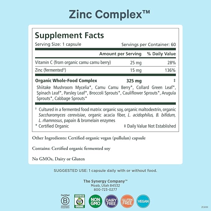 PURE SYNERGY Zinc Complex | Immune Support Supplement | Natural, Vegan Zinc Complex with Vitamin C and Organic Whole Foods | for Immune, Brain, and Skin Health (60 Capsules)