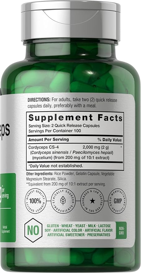 Horbäach Cordyceps Mushroom Capsules 2000mg | 200 Count | CS-4 Strain Cordyceps Sinesis | Non-GMO Herbal Supplement