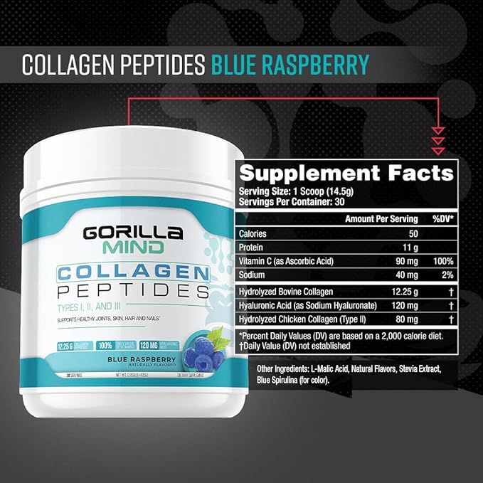 Gorilla Mind Collagen Peptides Powder - Joint & Bone Health/Great for Hair, Skin & Nails/Sleep Support/Types I, II, III/Mix in Water, Juice or a Smoothie - 435g (Blue Raspberry)