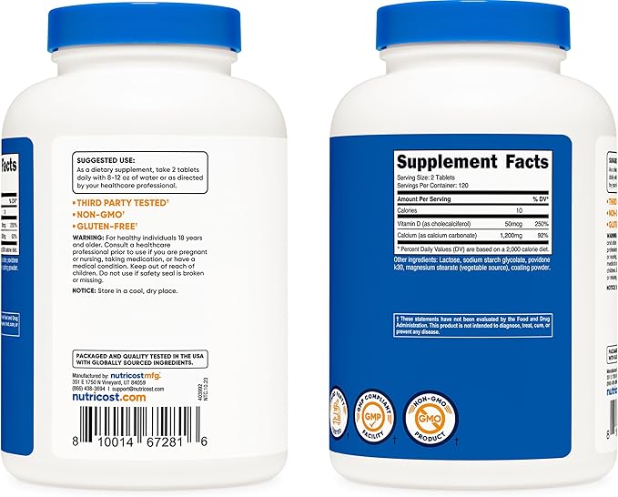 Nutricost Calcium with Vitamin D, 240 Tablets - Calcium (1200mg) Vitamin D (50mcg) Per Serving - Non-GMO, Gluten Free