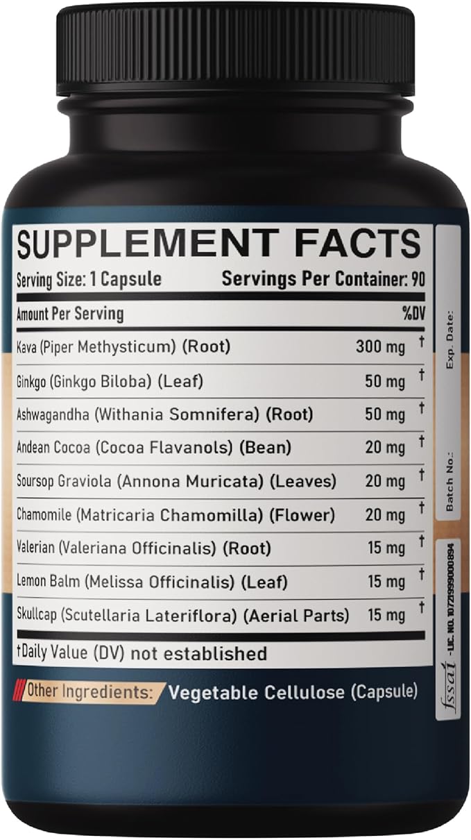 Kava Kava Capsules - 3 Month Supply - 9 Herbs with Ginkgo Biloba, Ashwagandha Root, Andean Cocoa, Graviola Leaf, Chamomile, Valerian, Lemon Balm & Skullcap - Support Mood & Immune - 90 Pills