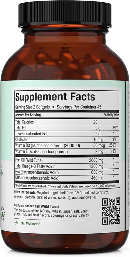 Maxi Health Omega 3 Supplement - Omega-3 Fish Oil Triple Concentrate w/ Vitamin D3 - Potent Source of EPA / DHA Fatty Acids - Heart, Brain, Joint Health - Kosher Wild Caught Marine Fish - 90 Softgels