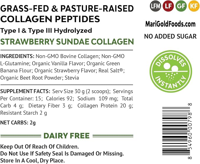MariGold Grass-fed Collagen Peptides Powder Strawberry Sundae 1LB - 100% Pure, Type I & III Bovine Hydrolyzed Collagen, Non-GMO, Hormone Free, Soy Free, Gluten Free, Dairy Free, Keto-Friendly