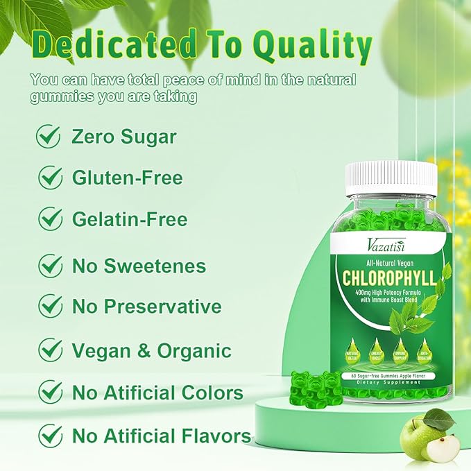 2 Pack Chlorophyll Gummies with Ashwagandha Vitamin C Zinc for Body Odor Skin Energy Immune Support Deodorant, Apple Flavor 120 Cts