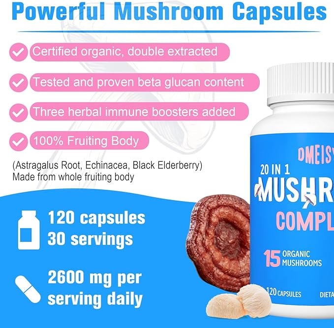 Mushroom Supplement 2600mg, 20-in-1 Mushroom Complex, with Lions Mane, Cordyceps, Reishi, Turkey Tail, Chaga - Brain Supplements for Memory and Focus, Memory Supplements, Mood, Immunity, 120 Capsule