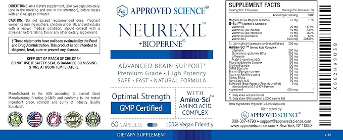 Approved Science Neurexil - Natural Nootropic Support with DMAE - Enhance Brain Function, Sharpen Clarity, Boost Memory - L-Tyrosine, Ginkgo Biloba, Huperzine A, BioPerine - 60 Capsules