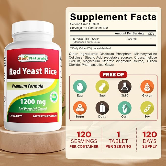 Best Naturals Red Yeast Rice 1200 mg (Non-GMO) 120 Tablets (120 Count (Pack of 2))