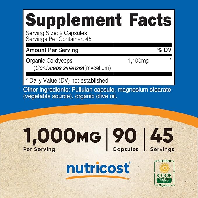 Nutricost Cordyceps Mushroom Capsules 1100mg, 45 Serv - CCOF Certified Made with Organic, Vegetarian, Gluten Free, 550mg Per Capsule (90 Capsules)