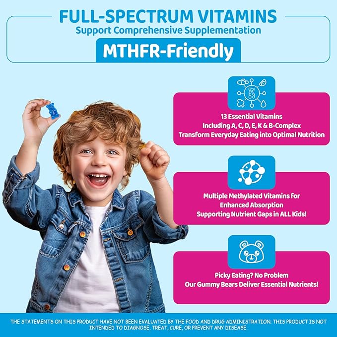 Kids Methylated Multivitamin - Chewable Multivitamin for Kids & Teens 4+, With L Methylfolate, Vegan Omega-3, Zinc, Probiotics & Elderberry, Immune Support, Brain Health, MTHFR Supplement, Sugar-Free