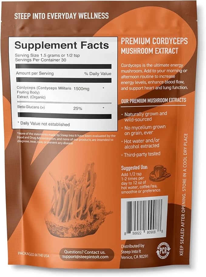 Organic Cordyceps Mushroom Powder Supplement - Cordyceps Extract for Increased Energy, Stamina, and Endurance (45g, 30 Servings) - Energize & Boost