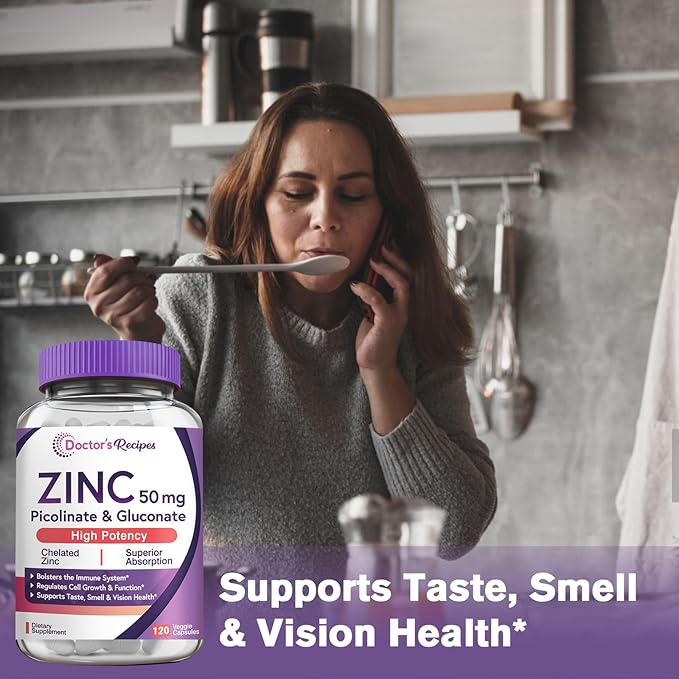 Doctor’s Recipes Zinc 50mg, Highly Absorbable Zinc Picolinate & Gluconate, Supports Natural Immune Defense, DNA & Protein Formation, Cell Growth, Non-GMO, 120 Veggie Capsules