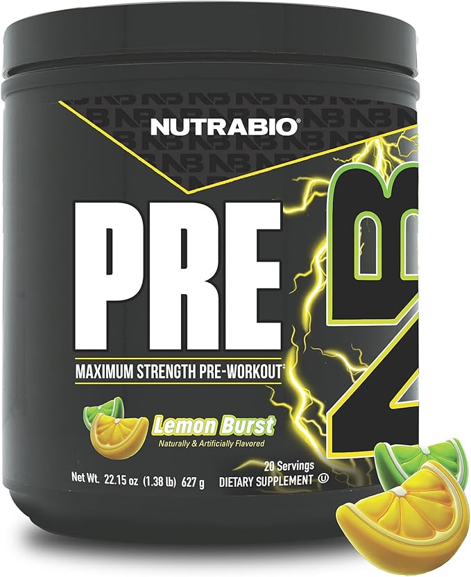 NutraBio PRE Workout Powder - New Formula- Sustained Energy, Mental Focus, Endurance - Beta Alanine, Caffeine, Electrolytes - 20 Servings - Lemon Burst