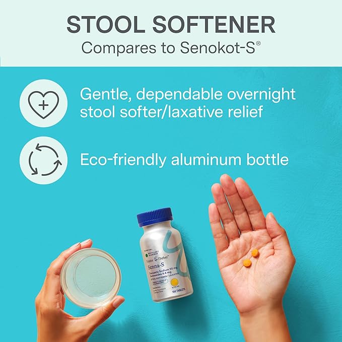 Foster & Thrive Sennosides 8.6 mg Docusate Sodium 50 mg Senna Laxative, Natural Vegetable Ingredients, Overnight Bowel Relief and Stool Softener for Constipation, Bloating, Comparable to Senokot