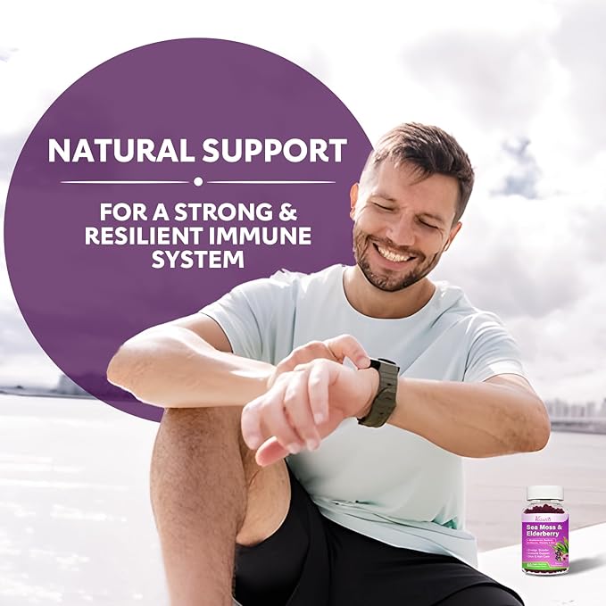 Elderberry Gummies with Sea Moss, Bladderwrack, Burdock, Echinacea, Apple Cider Vinegar, Chlorophyll, Vitamin C, D & Zinc Supplement for Women, Men, Adults and Kids, Blueberry Flavor 60Ct
